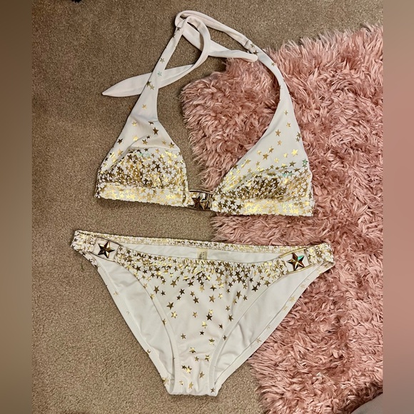 Victoria Secret White & Gold Star ⭐️ bikini Set Size L 8/10 Glam 4th of July! - Picture 2 of 9